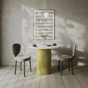 Обеденный стол TRUBIS Wood L D80 см, белый мрамор/золотой