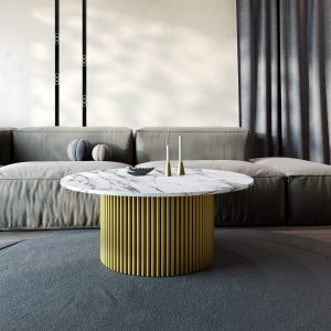 Журнальный столик TRUBIS Wood M D100 см, белый мрамор/золотой