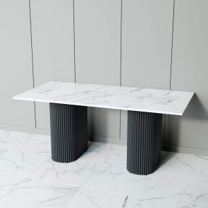 Обеденный стол TRUBIS Wood + Glass белый мрамор/черный, 180 х 90 см