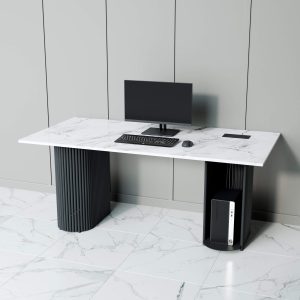 Рабочий стол TRUBIS Wood + Glass белый мрамор/черный, 180 х 90 см