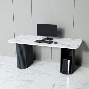 Рабочий стол TRUBIS Wood + Glass белый мрамор/черный, 180 х 90 см r150