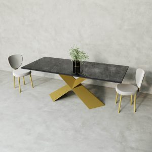 Обеденный стол LINBOW Wood + Glass 200 х 80 см, темный мрамор/золотой