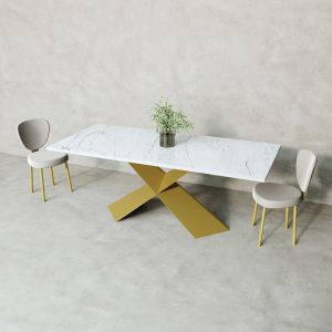 Обеденный стол LINBOW Wood + Glass 200 х 80 см, белый мрамор/золотой