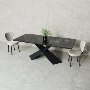 Обеденный стол LINBOW Wood + Glass 200 х 80 см, темный мрамор/черный