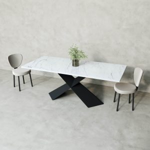 Обеденный стол LINBOW Wood + Glass 200 х 80 см, белый мрамор/черный