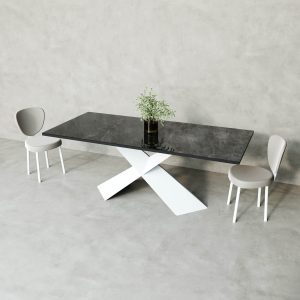 Обеденный стол LINBOW Wood + Glass 200 х 80 см, темный мрамор/белый