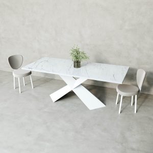 Обеденный стол LINBOW Wood + Glass 200 х 80 см, белый мрамор/белый