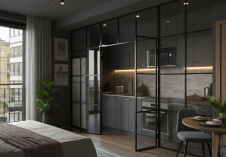 Распашные перегородки со стеклянной дверью